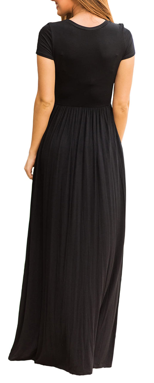GRECERELLE Womens Maxi Dress Ladies Summer Casual Short Sleeve Long Dresses with Pocket for Daily, Holiday, Travel, Maternity (Black, XL)