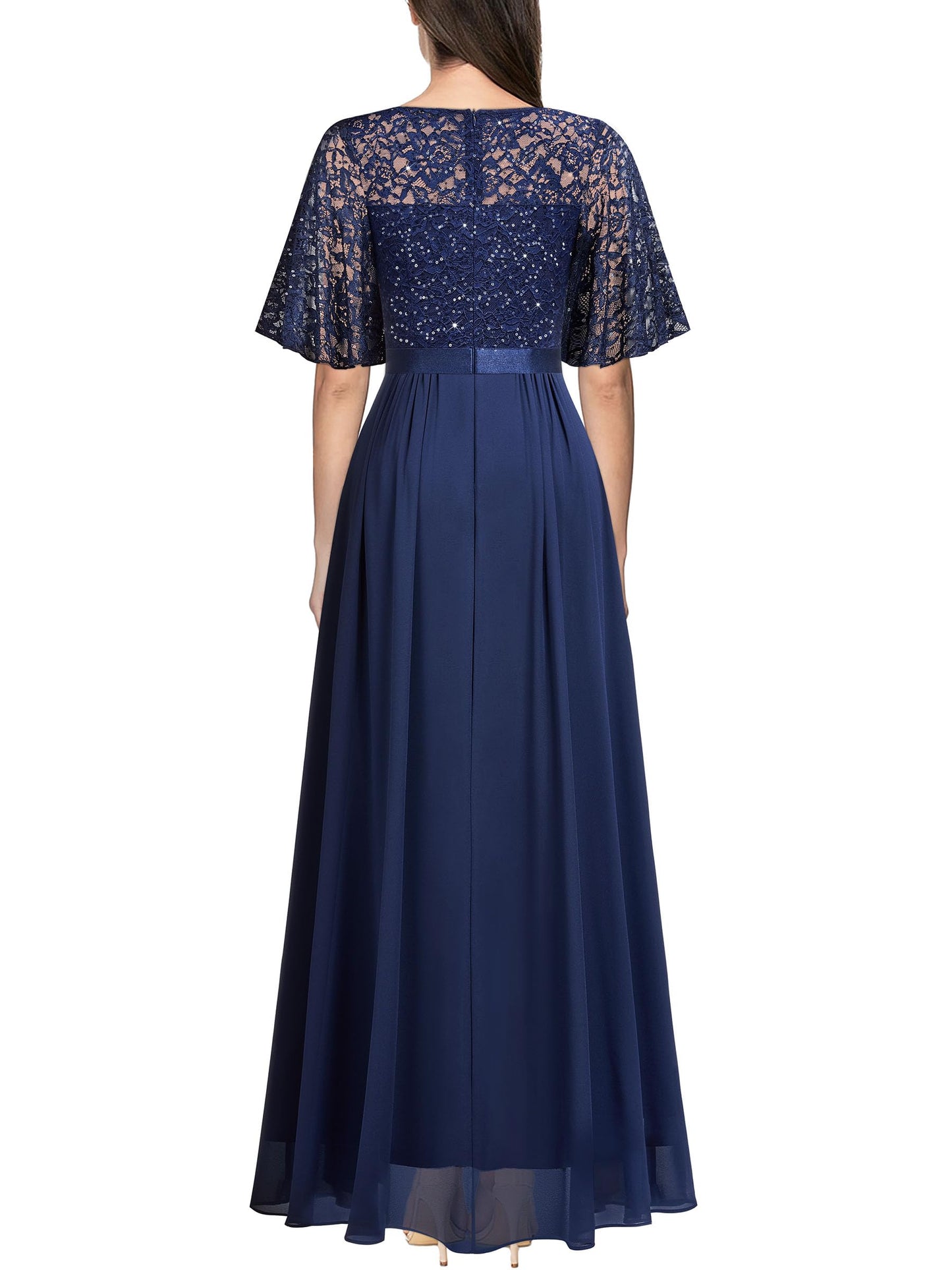 MIUSOL Women's Elegant Flutter Sleeves Lace Sequin Prom Bridesmaids Party Gown Formal Maxi Dress (X-Large, Navy Blue)