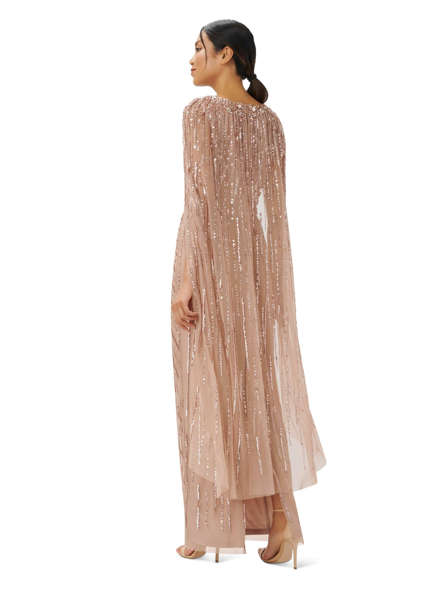 Adrianna Papell Women's Beaded Cape Long Special Occasion Dress, Rose Gold, 20