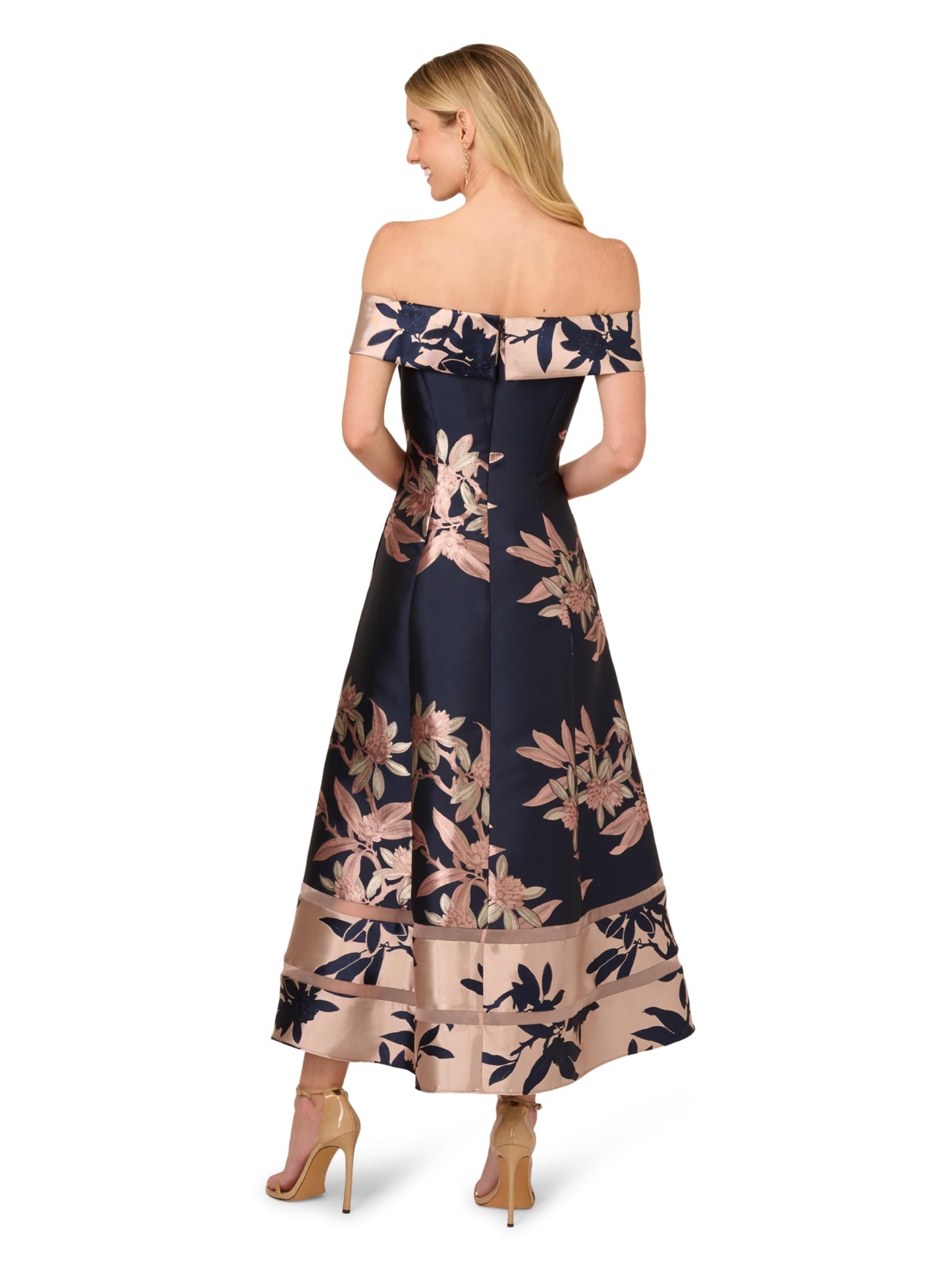 Adrianna Papell Women's Off Shoulder Jacquard Dress, Navy/Blush, 18