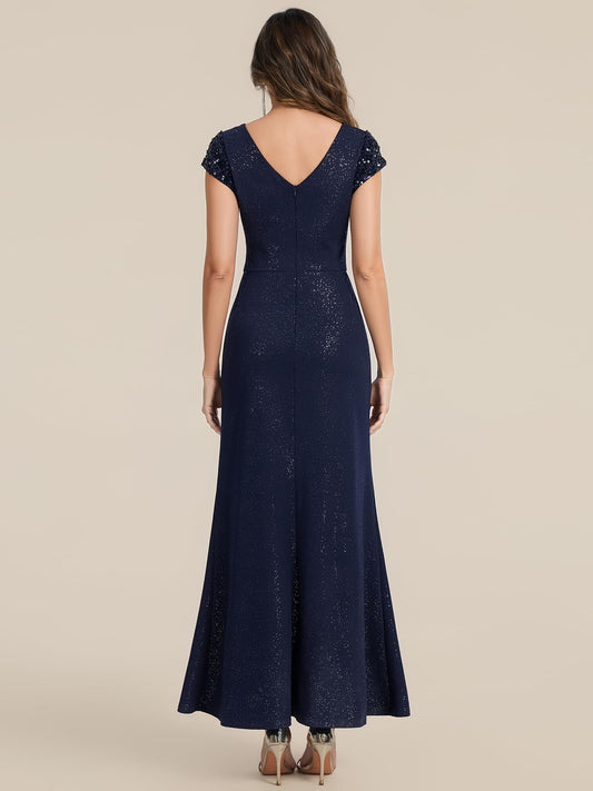 Ever-Pretty Women's Sparkly Sequin Evening Gown Short Sleeve Ruched Formal Evening Party Dress for Wedding Guest Navy Blue 16