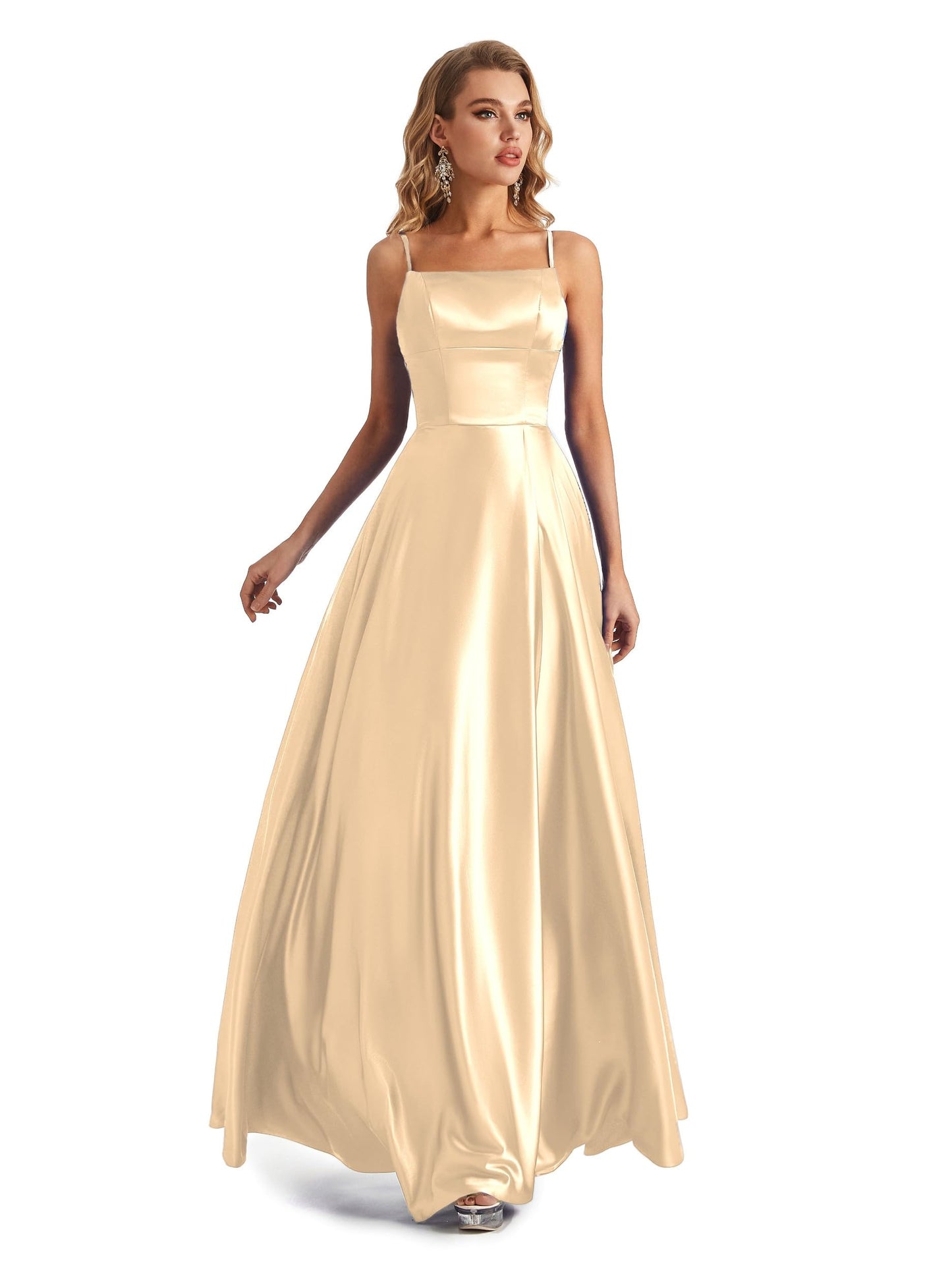 Lecureler Satin Spaghetti Strap Prom Dress Champagne Mist Size 8