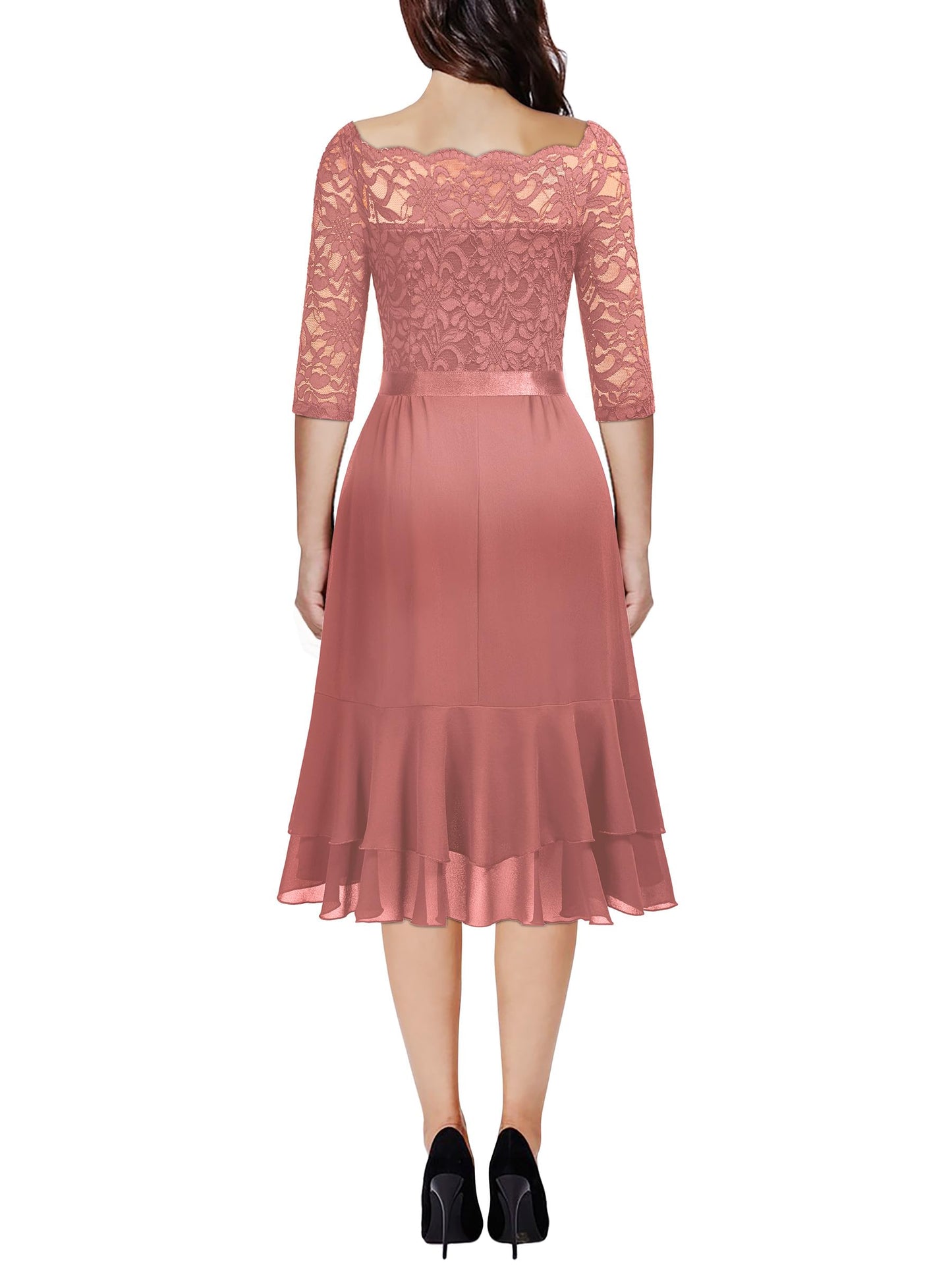 MIUSOL Women's Elegant Lace Chiffon 2/3 Sleeve Off-Shoulder Cocktail Ball Bridesmaid Patry Swing Midi Dress (X-Large, Double Hem-Dusty Pink)