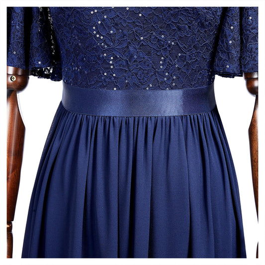 MIUSOL Women's Elegant Flutter Sleeves Lace Sequin Prom Bridesmaids Party Gown Formal Maxi Dress (X-Large, Navy Blue)