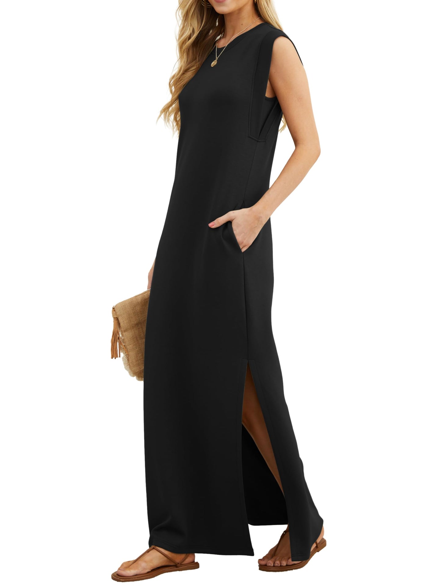GRECERELLE Womens Summer Maxi Dress Casual Shirt Dresses Elegant Styles Basic Sleeveless Maxi Dresses for Women UK with Split and Pockets (Black, M)