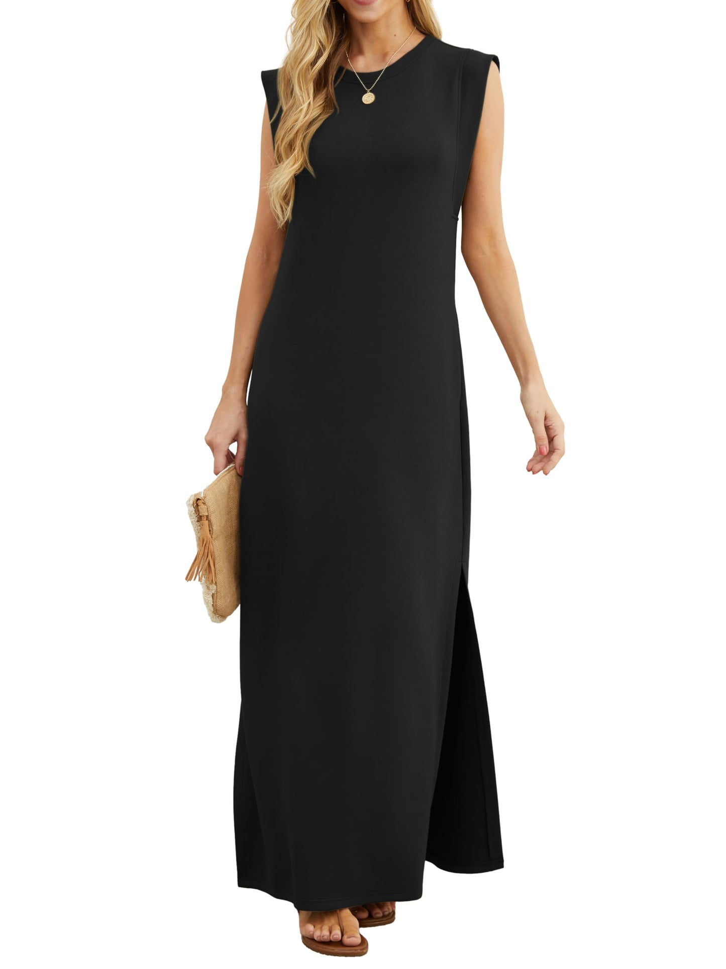 GRECERELLE Womens Summer Maxi Dress Casual Shirt Dresses Elegant Styles Basic Sleeveless Maxi Dresses for Women UK with Split and Pockets (Black, M)
