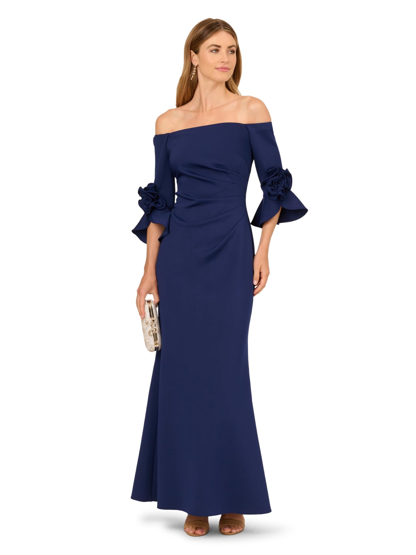 Adrianna Papell Rosette Scuba Crepe Gown, Navy Satn, 12