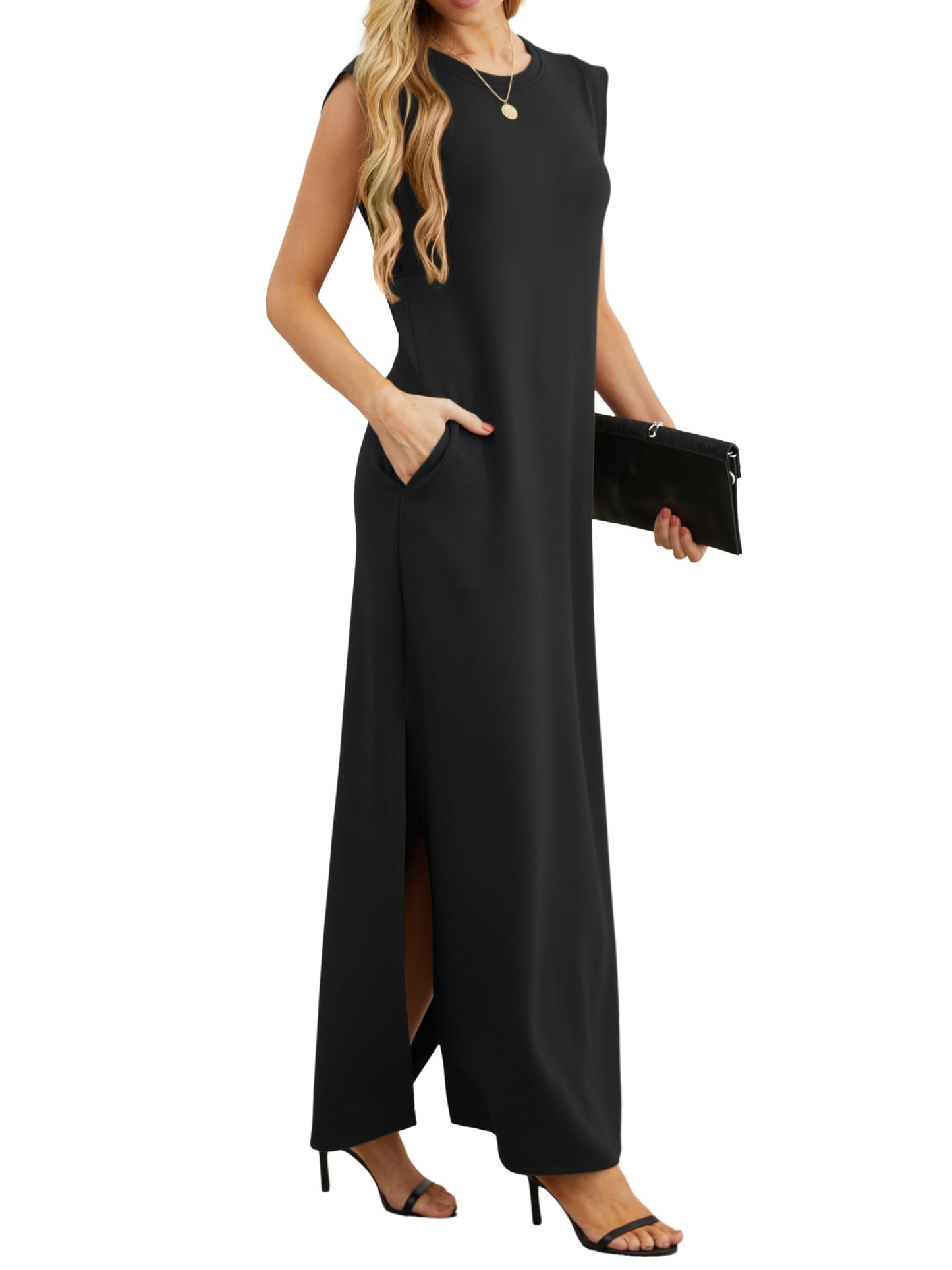 GRECERELLE Womens Summer Maxi Dress Casual Shirt Dresses Elegant Styles Basic Sleeveless Maxi Dresses for Women UK with Split and Pockets (Black, M)