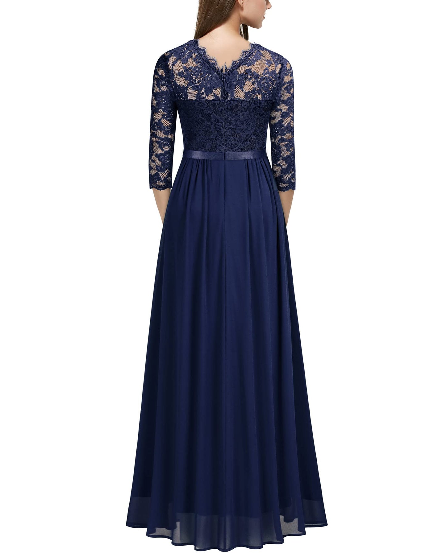 MIUSOL Women's Retro Floral Lace 3/4 Sleeve Wedding Bridesmaid Maxi Dress (X-Large, Navy Blue)