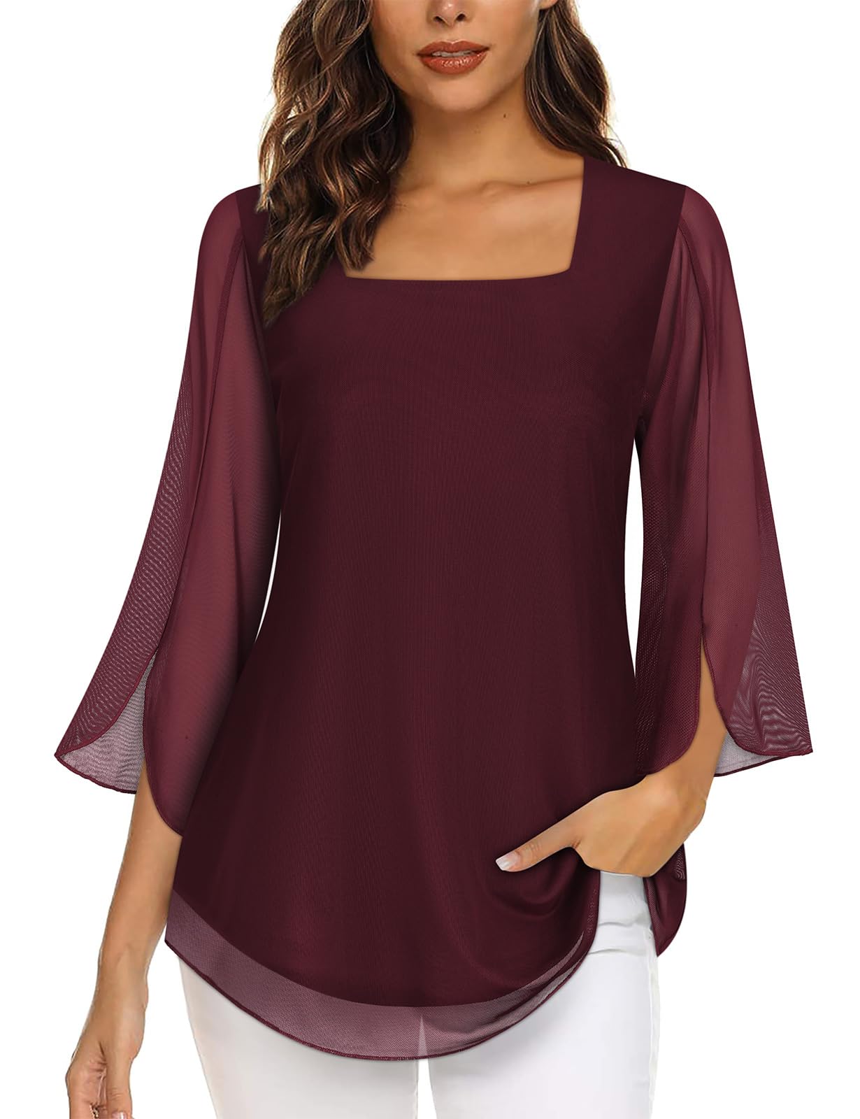 Syphiby Tops for Women Work Casual, 3/4 Sleeve Tunic Tops to Wear with Leggings Square Neck Semi Formal Wedding Guest Dress Shirts Daily Casual Versatile Solid Fall Outfits Wine Red 2XL