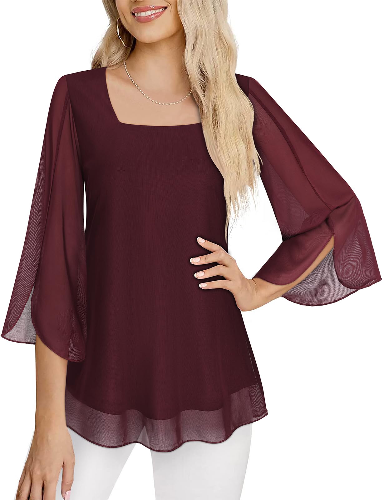 Syphiby Tops for Women Work Casual, 3/4 Sleeve Tunic Tops to Wear with Leggings Square Neck Semi Formal Wedding Guest Dress Shirts Daily Casual Versatile Solid Fall Outfits Wine Red 2XL