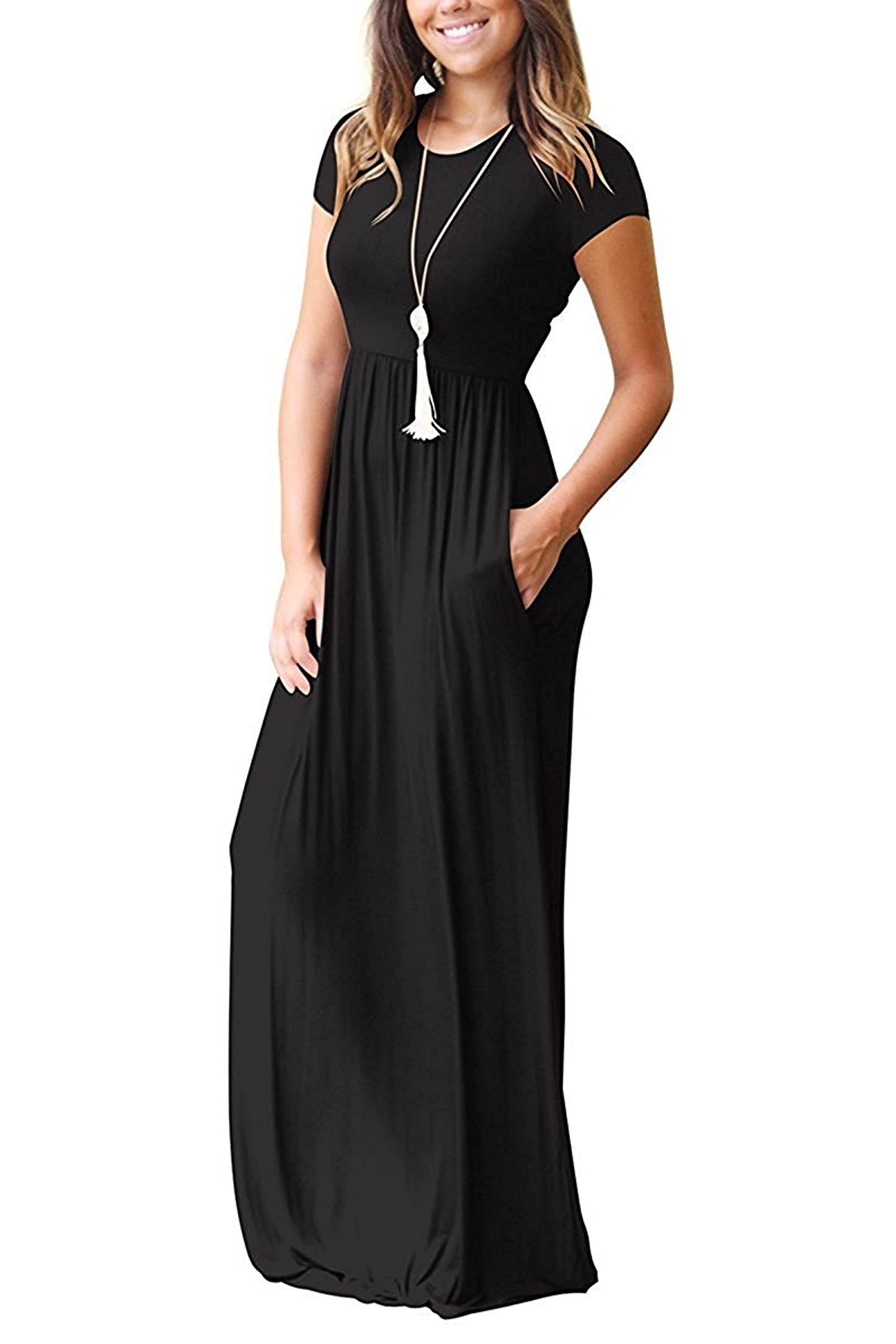 GRECERELLE Womens Maxi Dress Ladies Summer Casual Short Sleeve Long Dresses with Pocket for Daily, Holiday, Travel, Maternity (Black, XL)