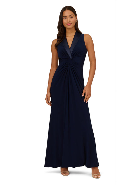 Adrianna Papell Women's Jersey Tuxedo Gown Special Occasion Dress, Midnight, 10