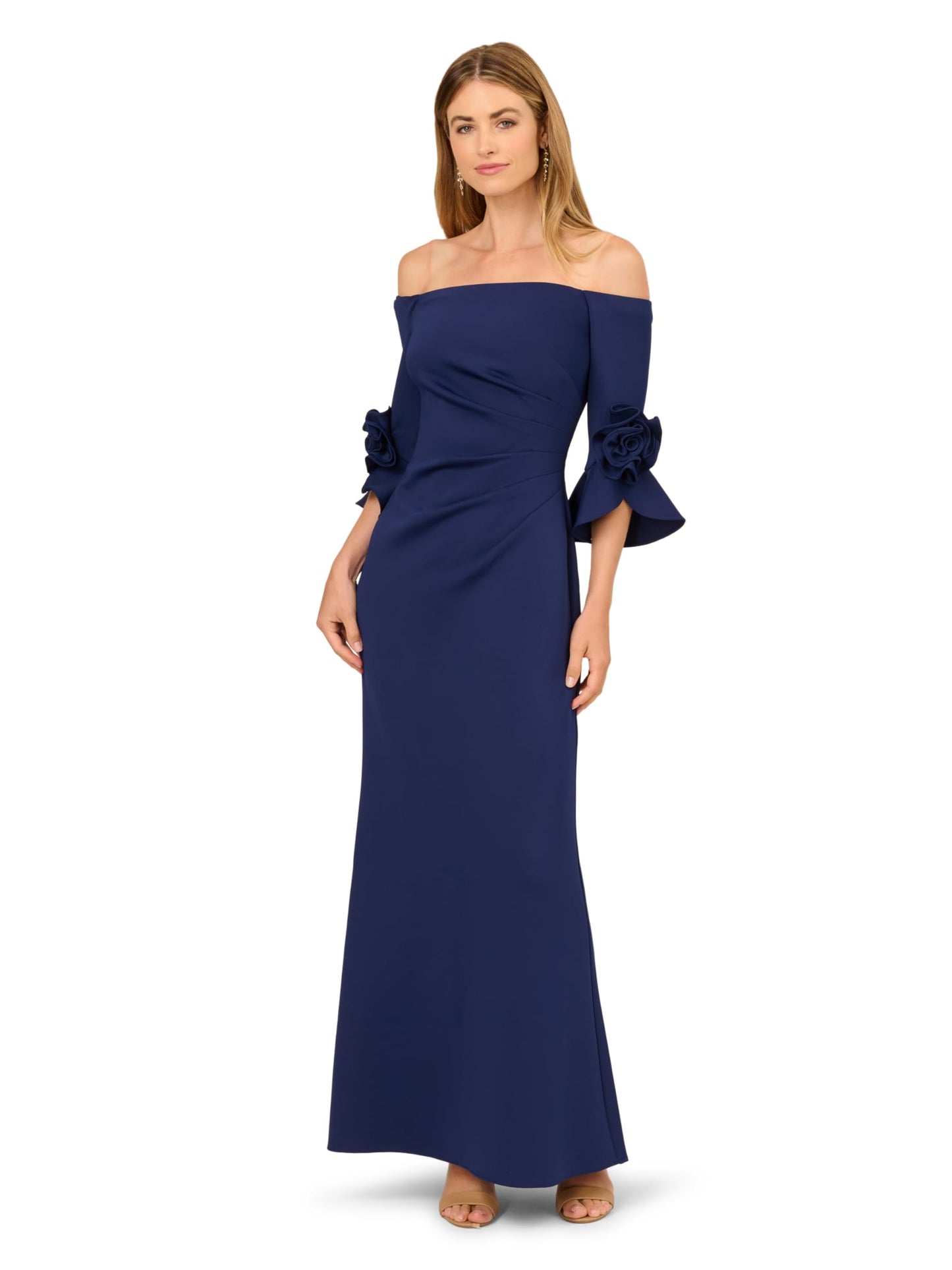 Adrianna Papell Rosette Scuba Crepe Gown, Navy Satn, 12