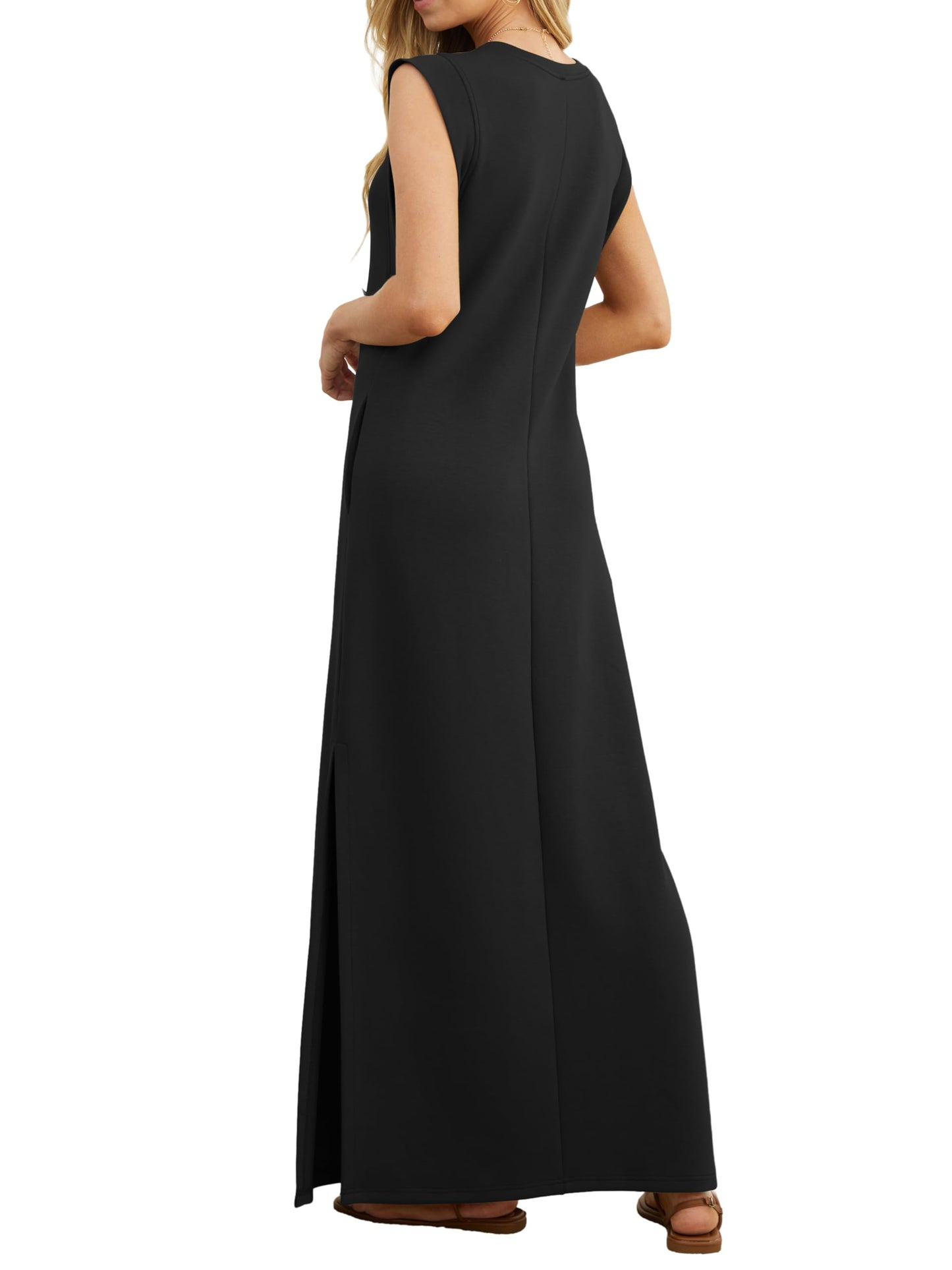 GRECERELLE Womens Summer Maxi Dress Casual Shirt Dresses Elegant Styles Basic Sleeveless Maxi Dresses for Women UK with Split and Pockets (Black, M)
