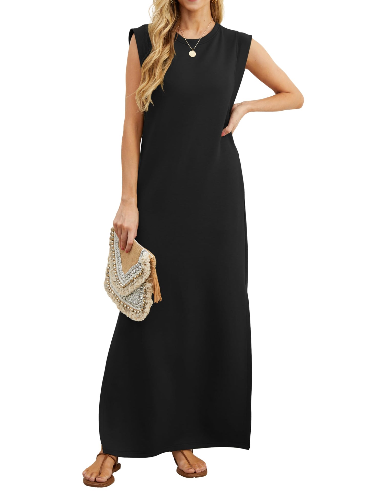 GRECERELLE Womens Summer Maxi Dress Casual Shirt Dresses Elegant Styles Basic Sleeveless Maxi Dresses for Women UK with Split and Pockets (Black, M)