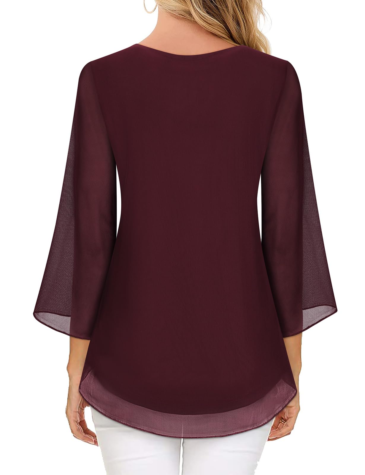 Syphiby Tops for Women Work Casual, 3/4 Sleeve Tunic Tops to Wear with Leggings Square Neck Semi Formal Wedding Guest Dress Shirts Daily Casual Versatile Solid Fall Outfits Wine Red 2XL