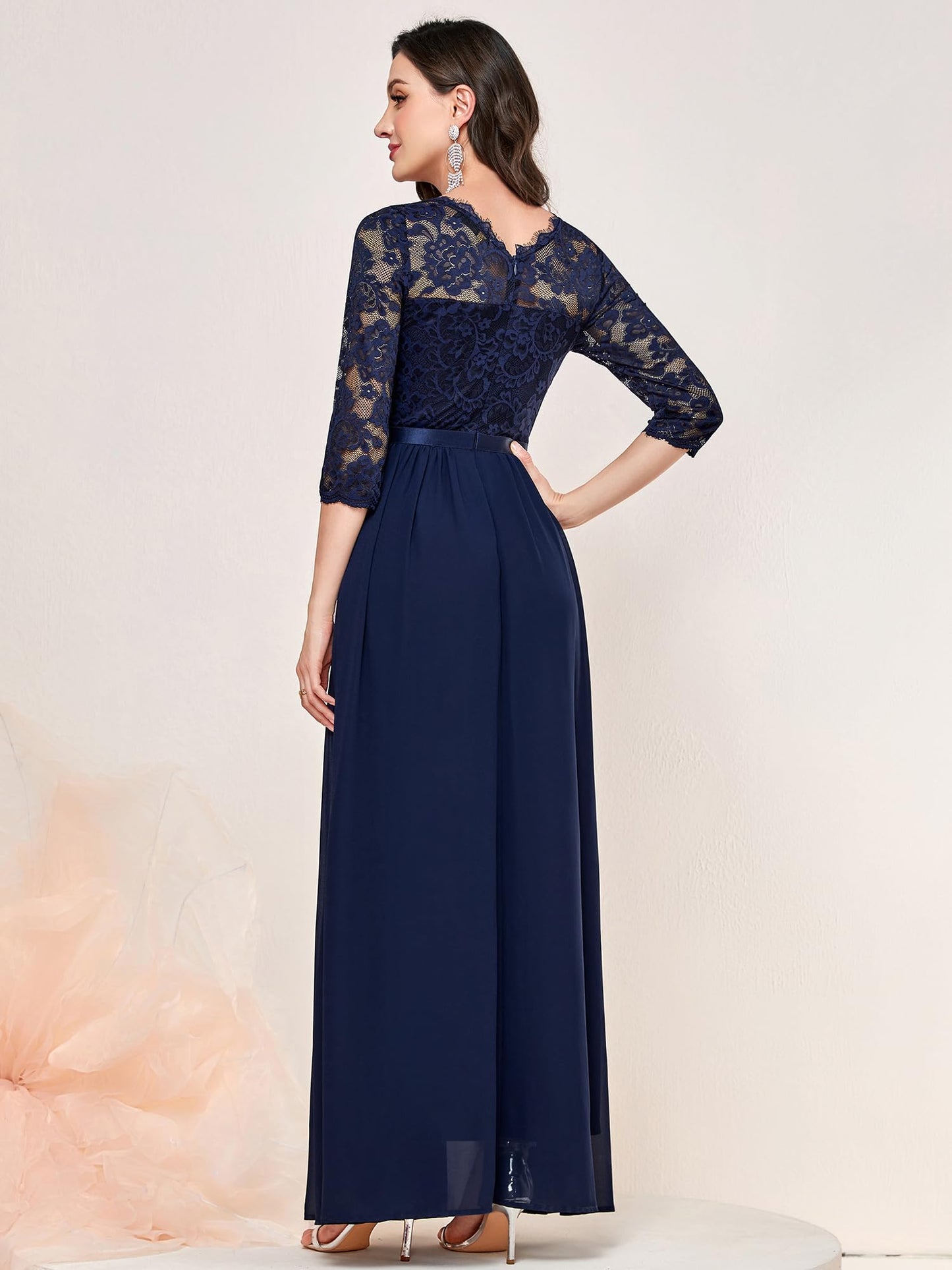 MIUSOL Women's Retro Floral Lace 3/4 Sleeve Wedding Bridesmaid Maxi Dress (X-Large, Navy Blue)