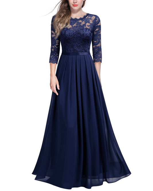 MIUSOL Women's Retro Floral Lace 3/4 Sleeve Wedding Bridesmaid Maxi Dress (X-Large, Navy Blue)