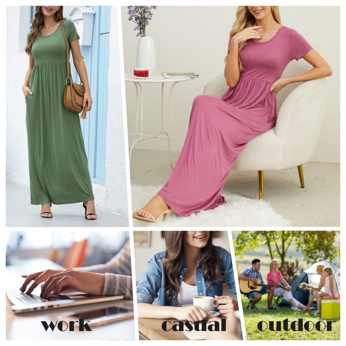 GRECERELLE Womens Maxi Dress Ladies Summer Casual Short Sleeve Long Dresses with Pocket for Daily, Holiday, Travel, Maternity (Black, XL)