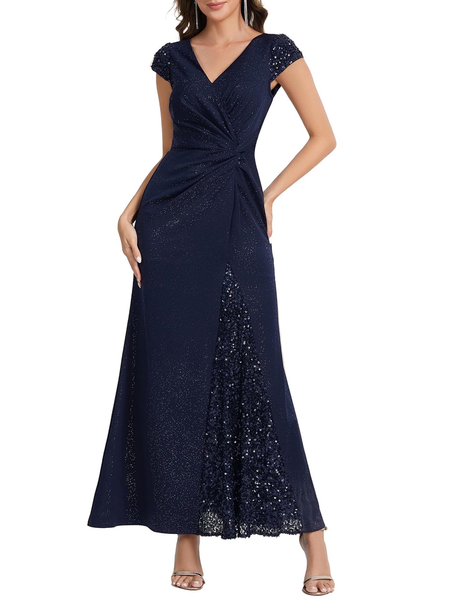 Ever-Pretty Women's Sparkly Sequin Evening Gown Short Sleeve Ruched Formal Evening Party Dress for Wedding Guest Navy Blue 16