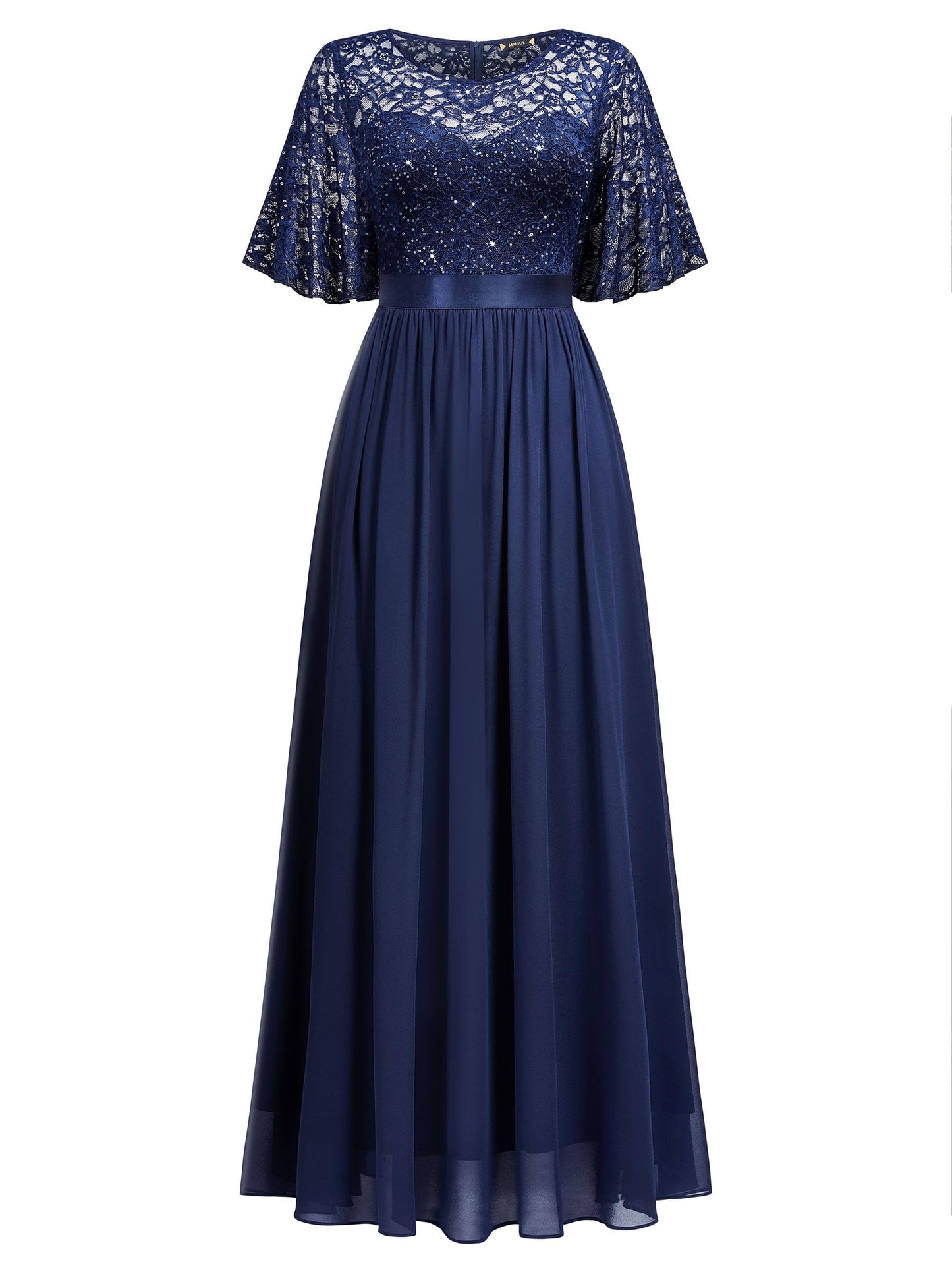 MIUSOL Women's Elegant Flutter Sleeves Lace Sequin Prom Bridesmaids Party Gown Formal Maxi Dress (X-Large, Navy Blue)