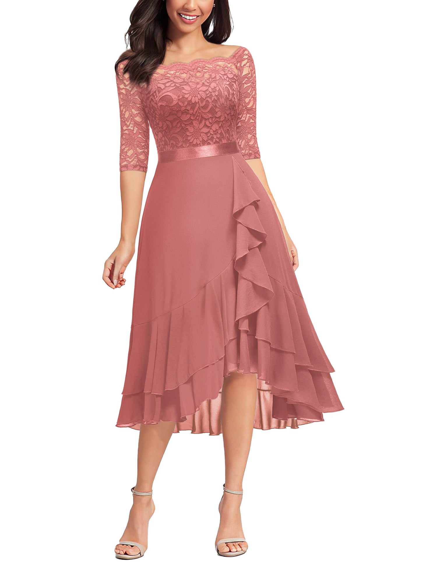 MIUSOL Women's Elegant Lace Chiffon 2/3 Sleeve Off-Shoulder Cocktail Ball Bridesmaid Patry Swing Midi Dress (X-Large, Double Hem-Dusty Pink)