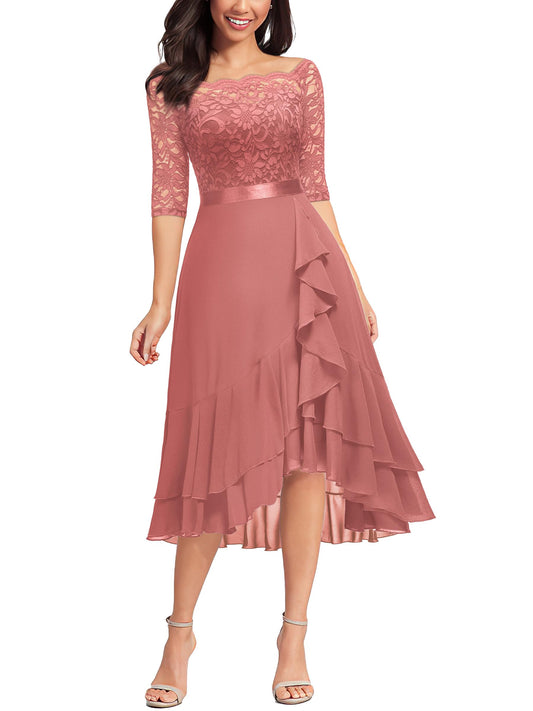 MIUSOL Women's Elegant Lace Chiffon 2/3 Sleeve Off-Shoulder Cocktail Ball Bridesmaid Patry Swing Midi Dress (X-Large, Double Hem-Dusty Pink)