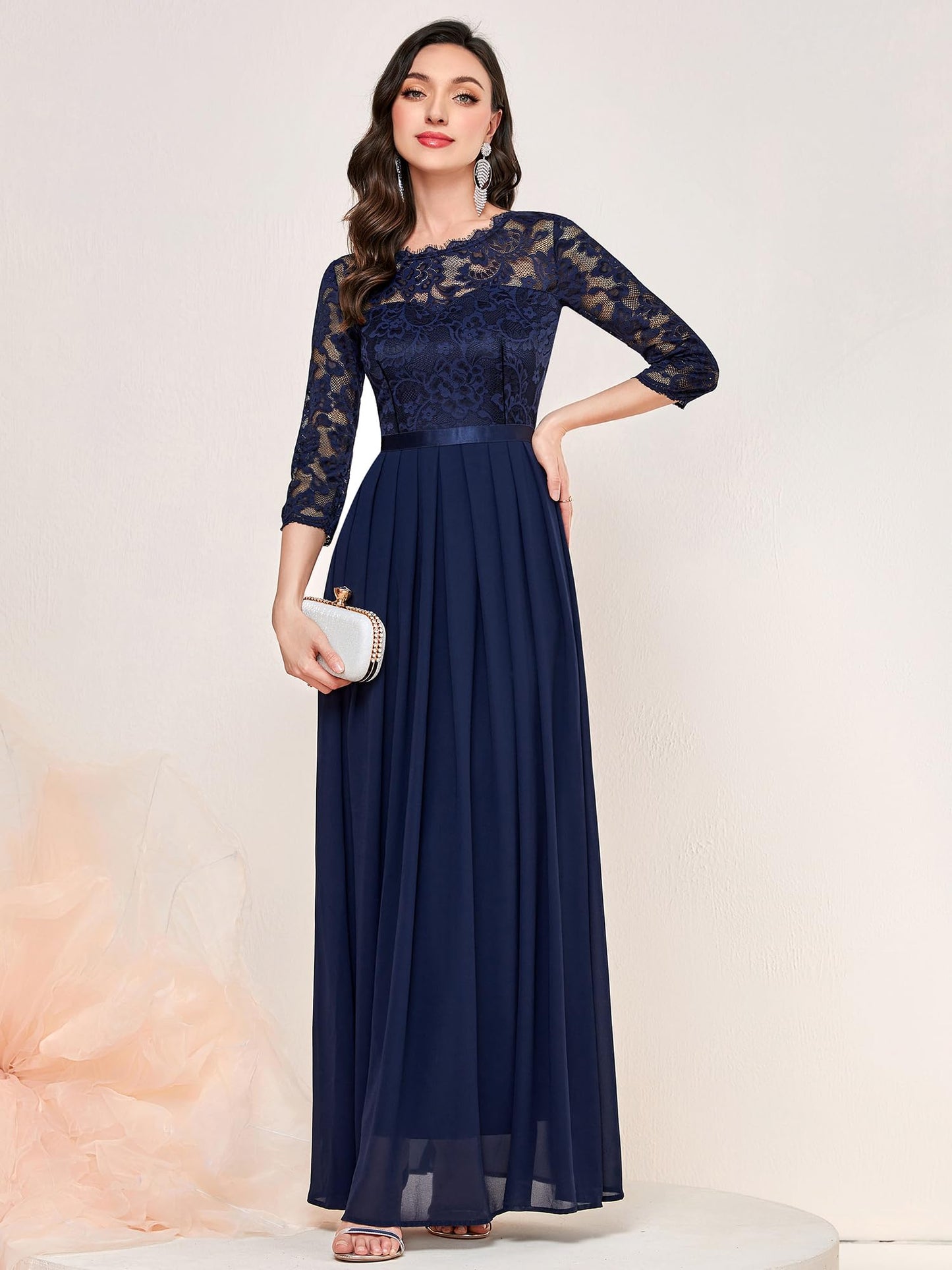 MIUSOL Women's Retro Floral Lace 3/4 Sleeve Wedding Bridesmaid Maxi Dress (X-Large, Navy Blue)