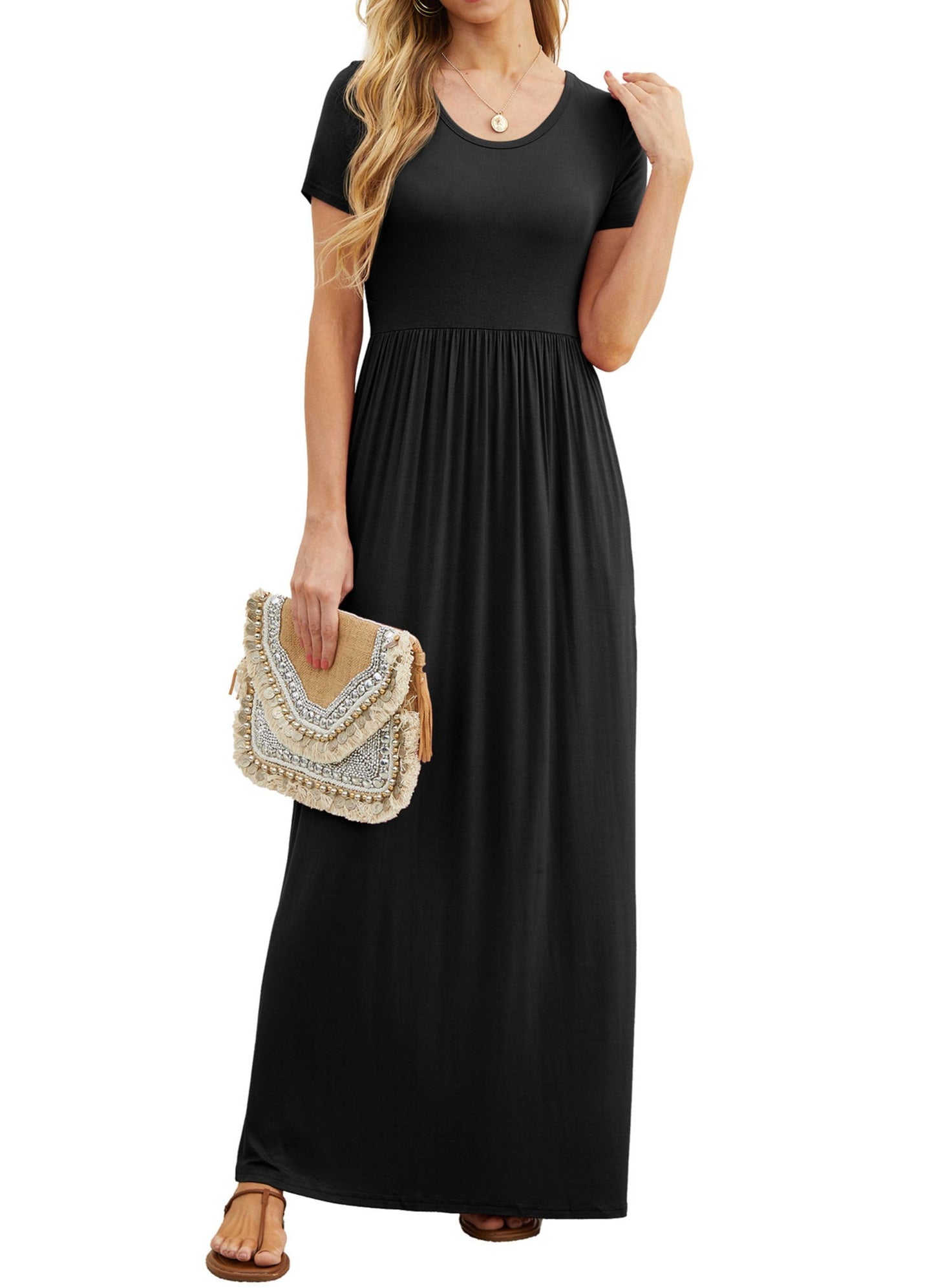 GRECERELLE Womens Maxi Dress Ladies Summer Casual Short Sleeve Long Dresses with Pocket for Daily, Holiday, Travel, Maternity (Black, XL)