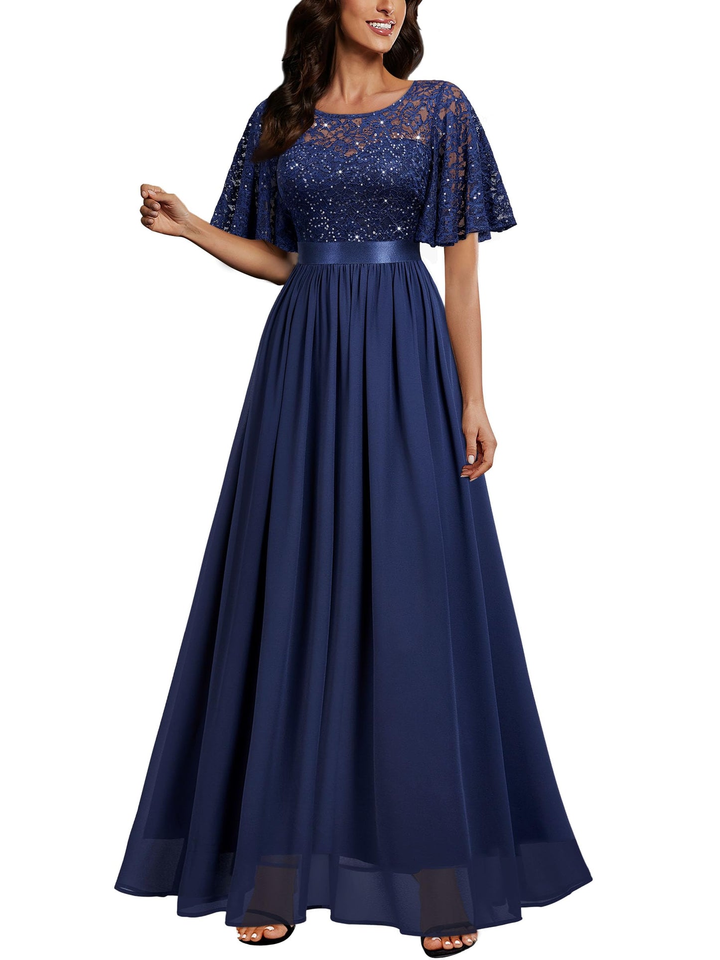 MIUSOL Women's Elegant Flutter Sleeves Lace Sequin Prom Bridesmaids Party Gown Formal Maxi Dress (X-Large, Navy Blue)