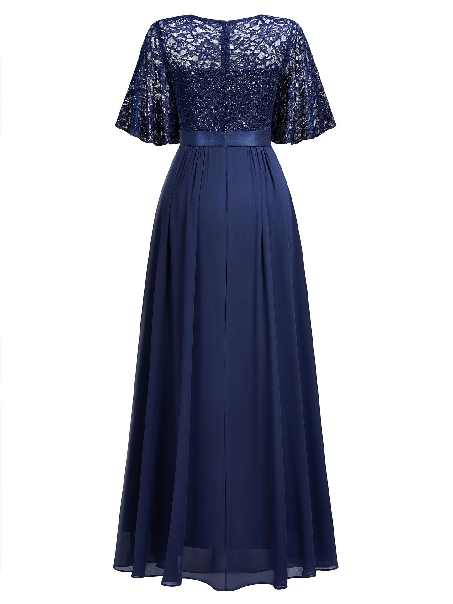 MIUSOL Women's Elegant Flutter Sleeves Lace Sequin Prom Bridesmaids Party Gown Formal Maxi Dress (X-Large, Navy Blue)
