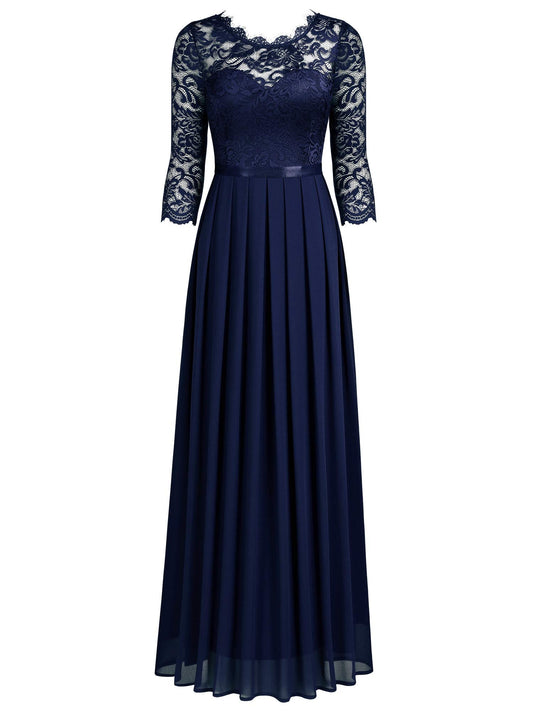 MIUSOL Women's Retro Floral Lace 3/4 Sleeve Wedding Bridesmaid Maxi Dress (X-Large, Navy Blue)