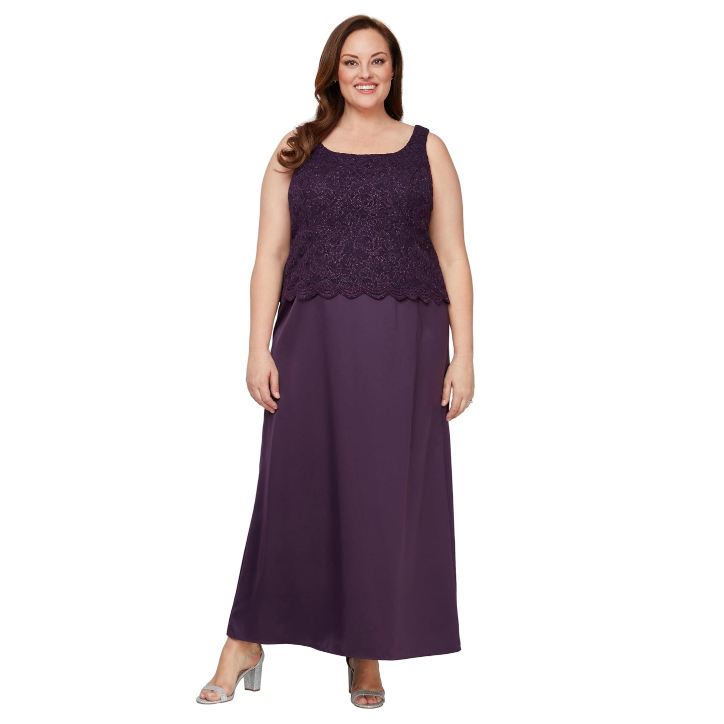 Alex Evenings Women's Plus Size Long A-Line Mock Dress with Jacket, Aubergine, 18 Plus