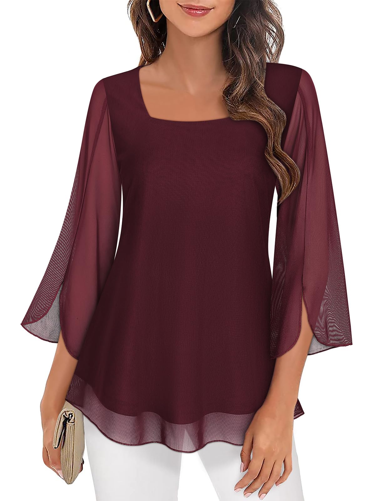Syphiby Tops for Women Work Casual, 3/4 Sleeve Tunic Tops to Wear with Leggings Square Neck Semi Formal Wedding Guest Dress Shirts Daily Casual Versatile Solid Fall Outfits Wine Red 2XL