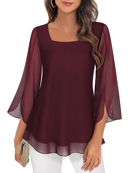 Syphiby Tops for Women Work Casual, 3/4 Sleeve Tunic Tops to Wear with Leggings Square Neck Semi Formal Wedding Guest Dress Shirts Daily Casual Versatile Solid Fall Outfits Wine Red 2XL