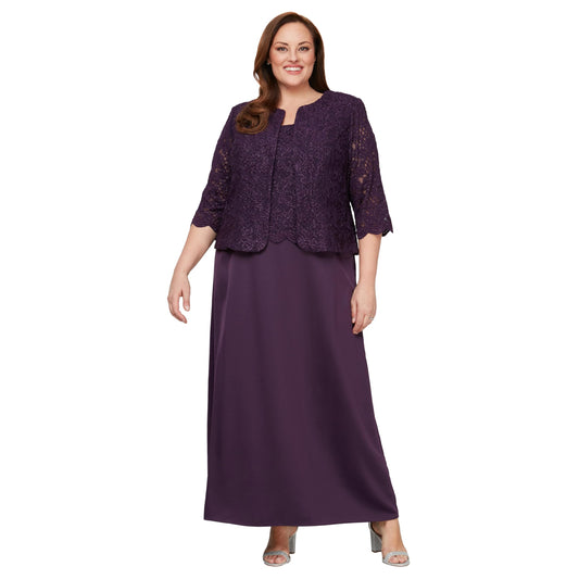 Alex Evenings Women's Plus Size Long A-Line Mock Dress with Jacket, Aubergine, 18 Plus