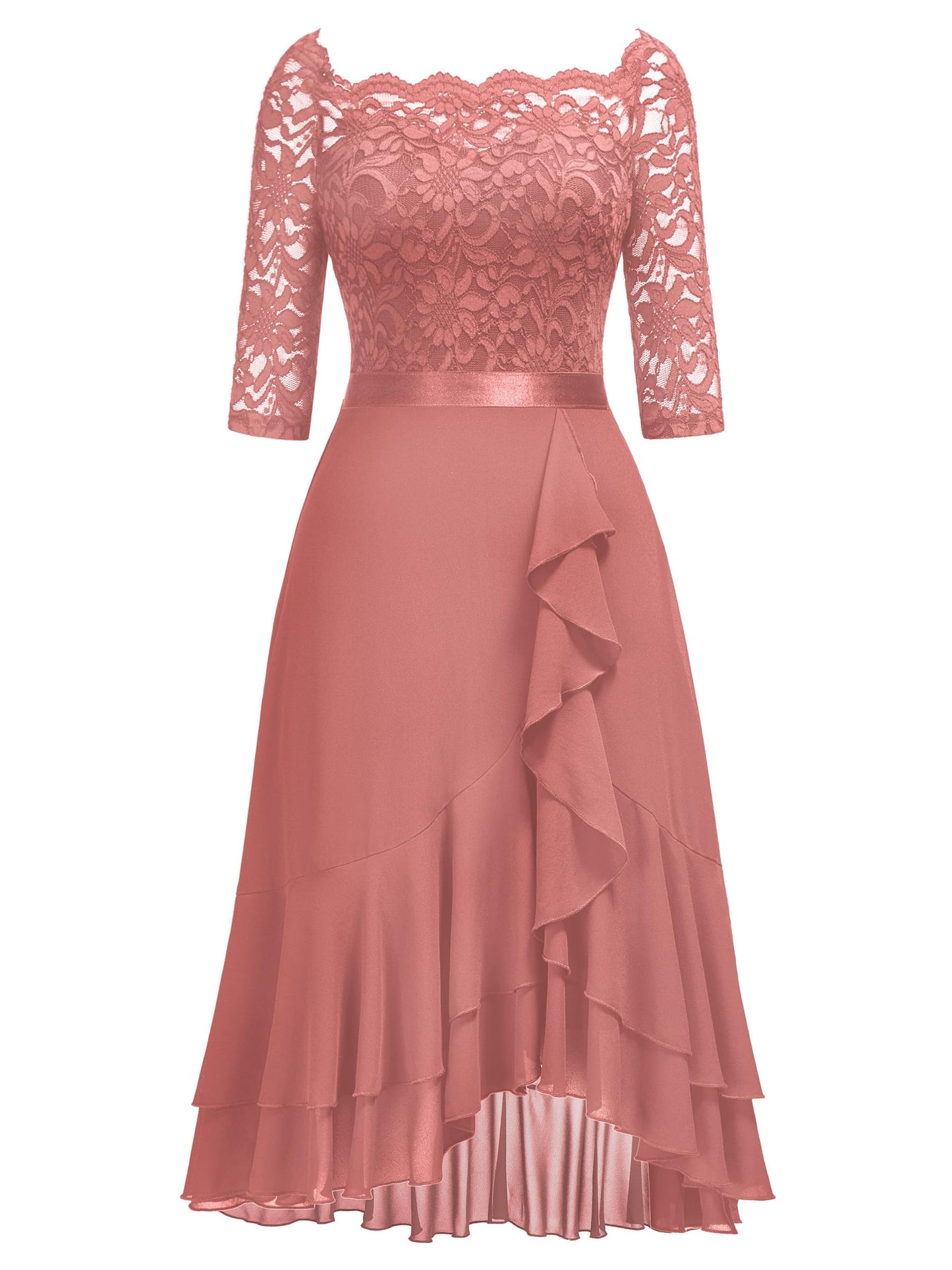 MIUSOL Women's Elegant Lace Chiffon 2/3 Sleeve Off-Shoulder Cocktail Ball Bridesmaid Patry Swing Midi Dress (X-Large, Double Hem-Dusty Pink)