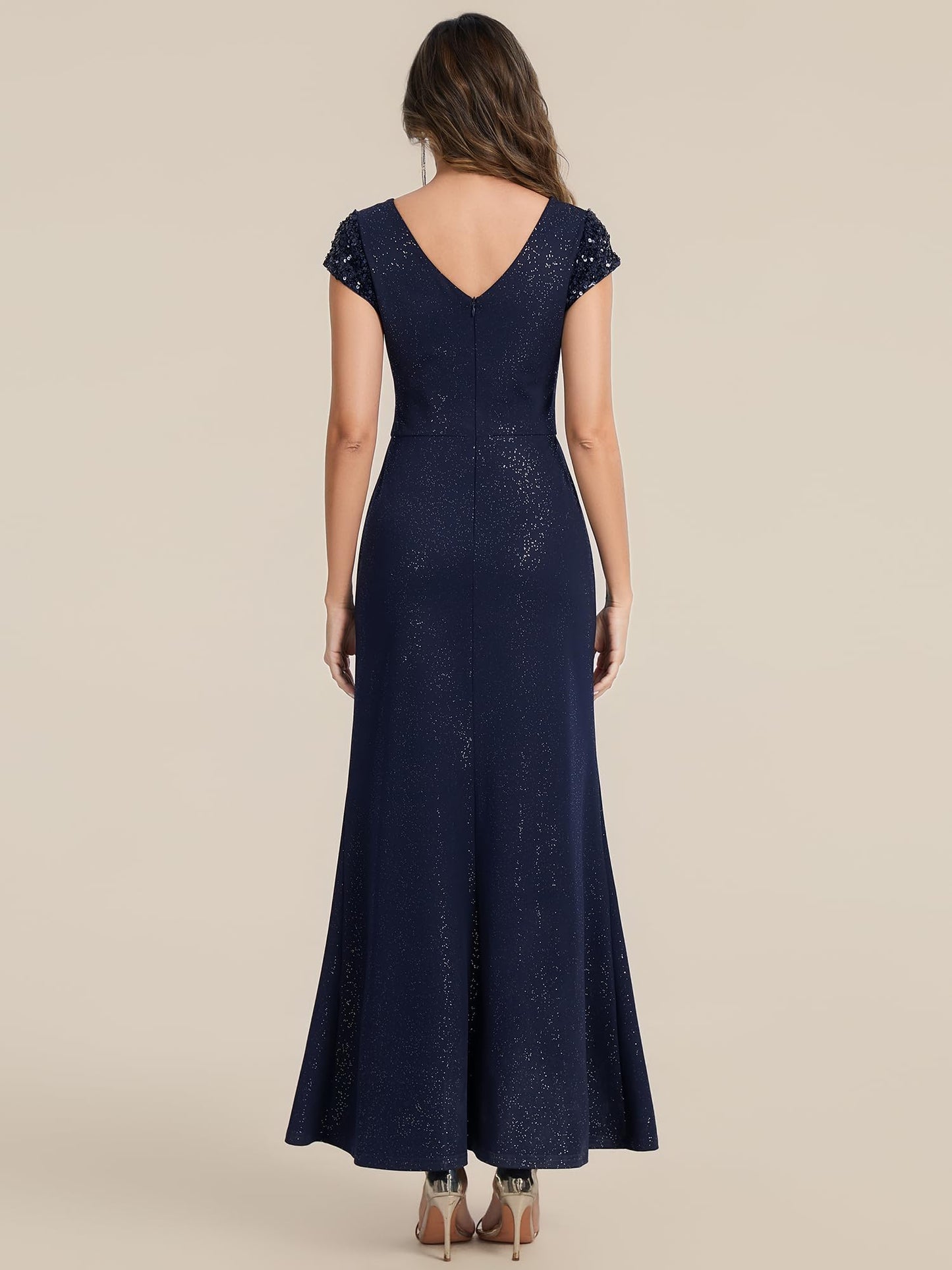 Ever-Pretty Women's Sparkly Sequin Evening Gown Short Sleeve Ruched Formal Evening Party Dress for Wedding Guest Navy Blue 16