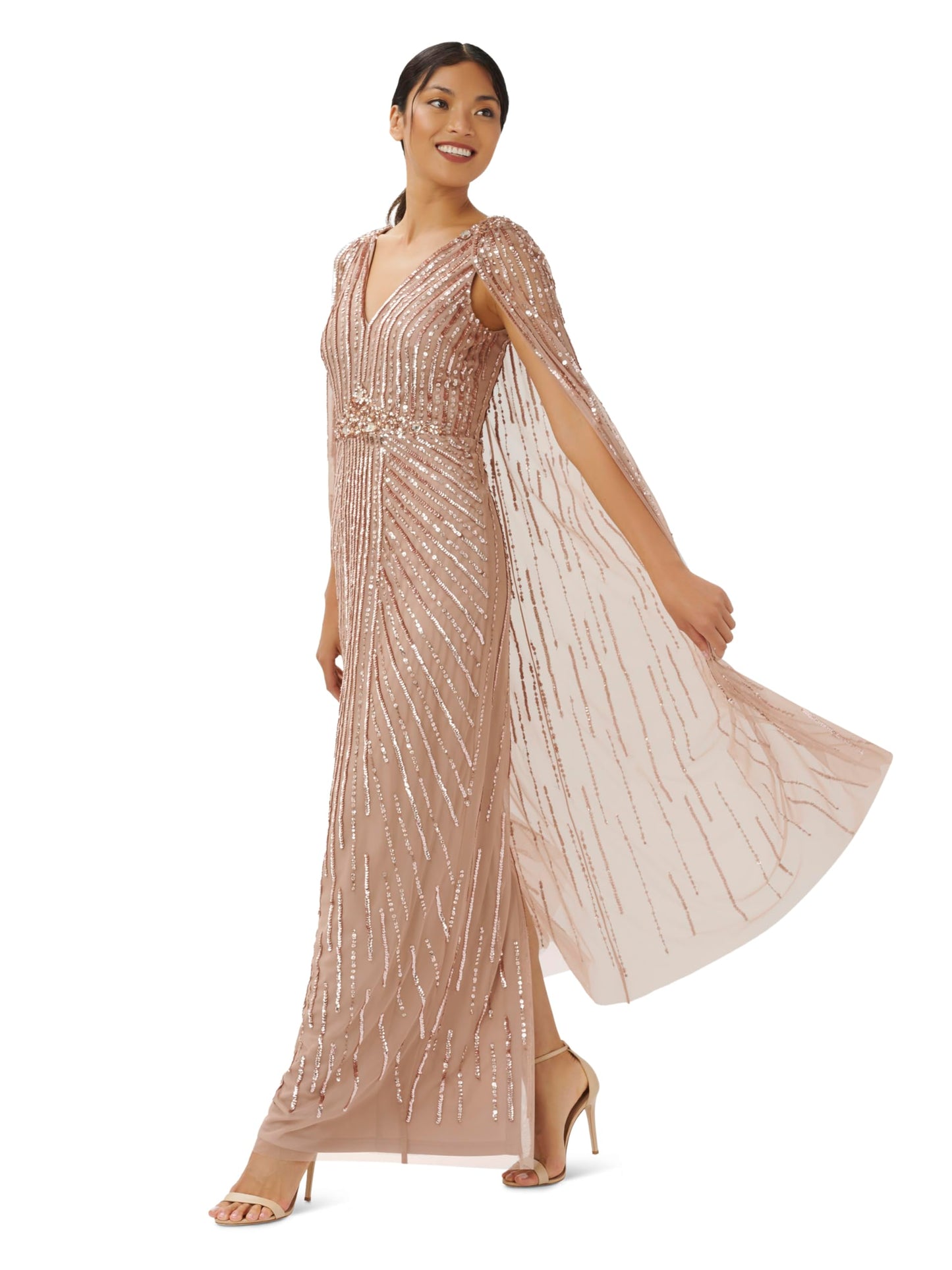 Adrianna Papell Women's Beaded Cape Long Special Occasion Dress, Rose Gold, 20