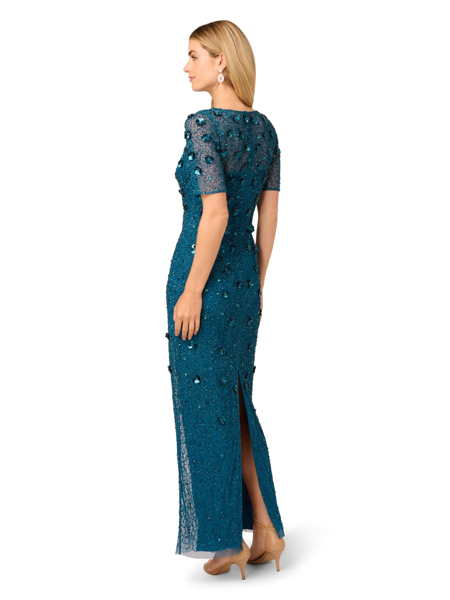 Adrianna Papell Women's Beaded Long 3D Floral Dress, Teal Sapphire, 22