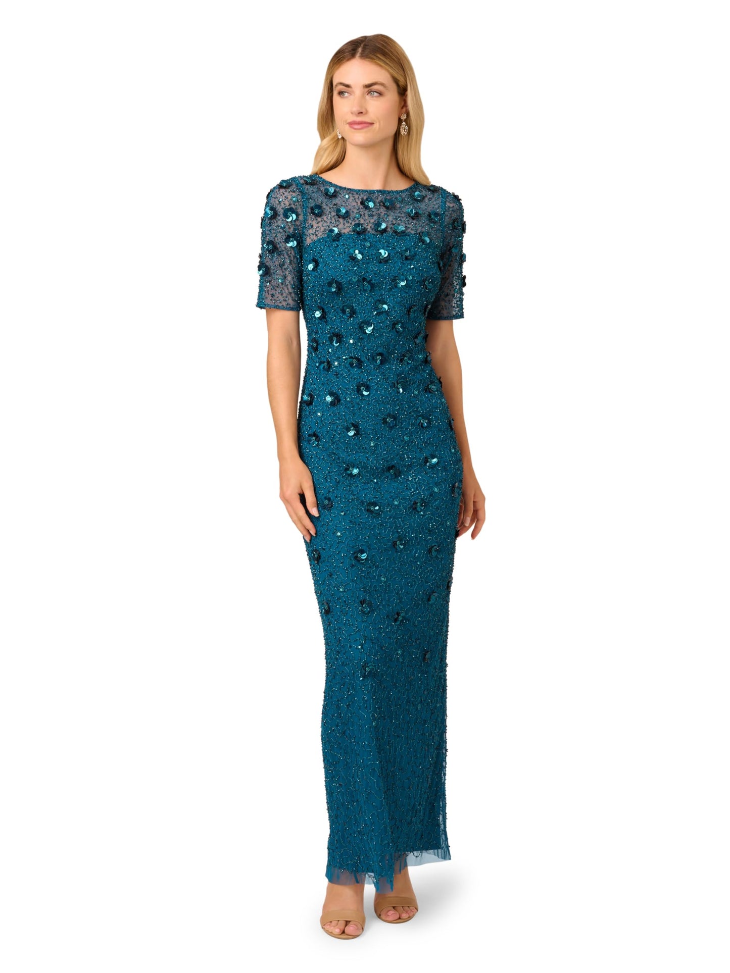 Adrianna Papell Women's Beaded Long 3D Floral Dress, Teal Sapphire, 22