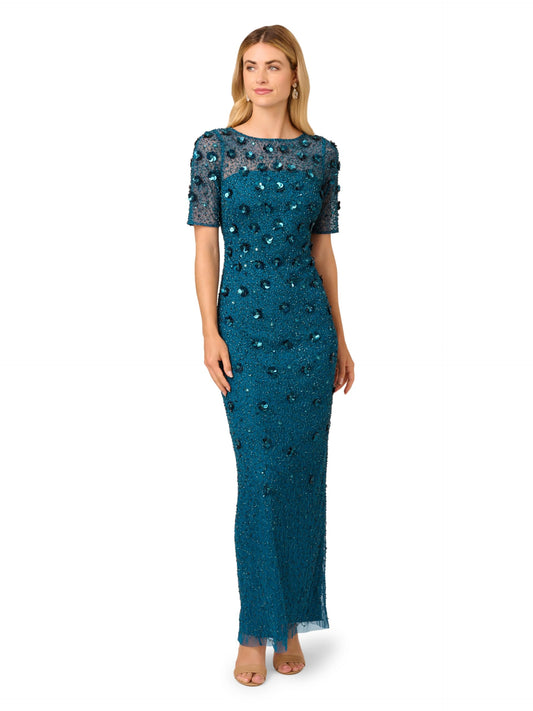 Adrianna Papell Women's Beaded Long 3D Floral Dress, Teal Sapphire, 22