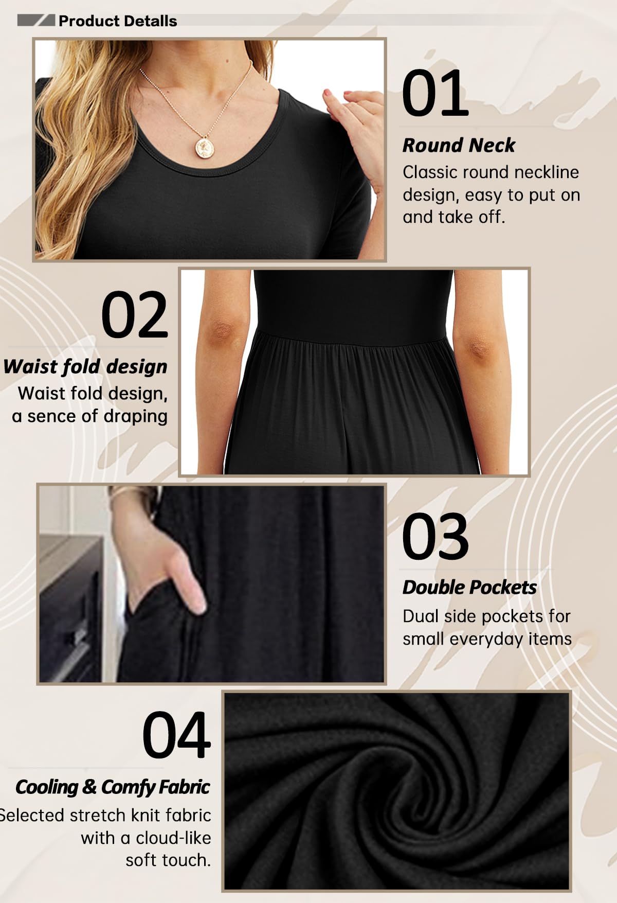 GRECERELLE Womens Maxi Dress Ladies Summer Casual Short Sleeve Long Dresses with Pocket for Daily, Holiday, Travel, Maternity (Black, XL)