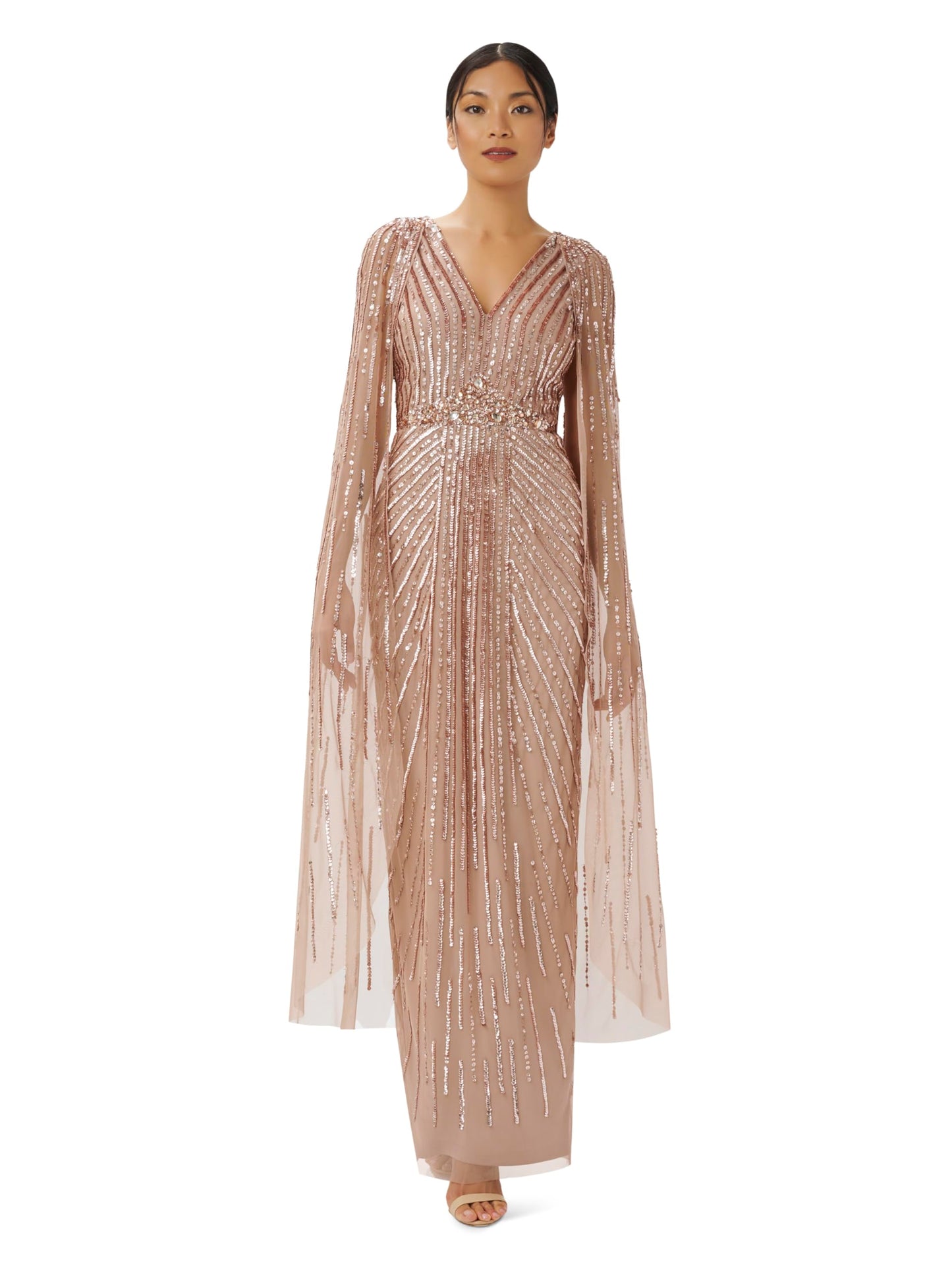 Adrianna Papell Women's Beaded Cape Long Special Occasion Dress, Rose Gold, 20