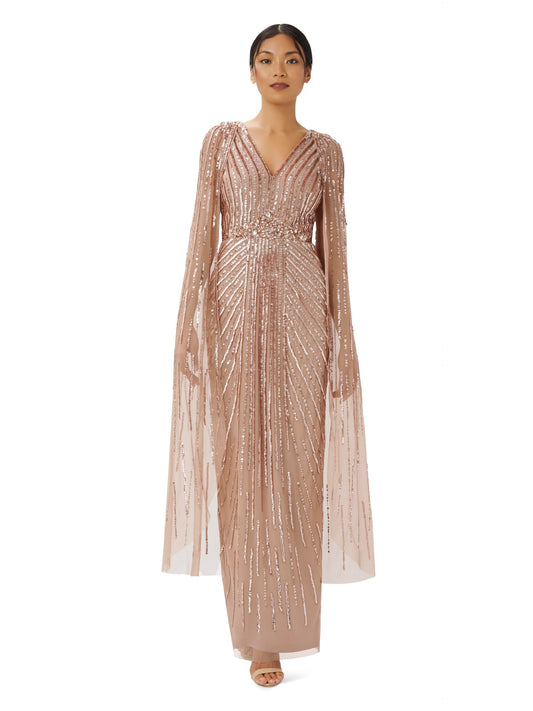 Adrianna Papell Women's Beaded Cape Long Special Occasion Dress, Rose Gold, 20