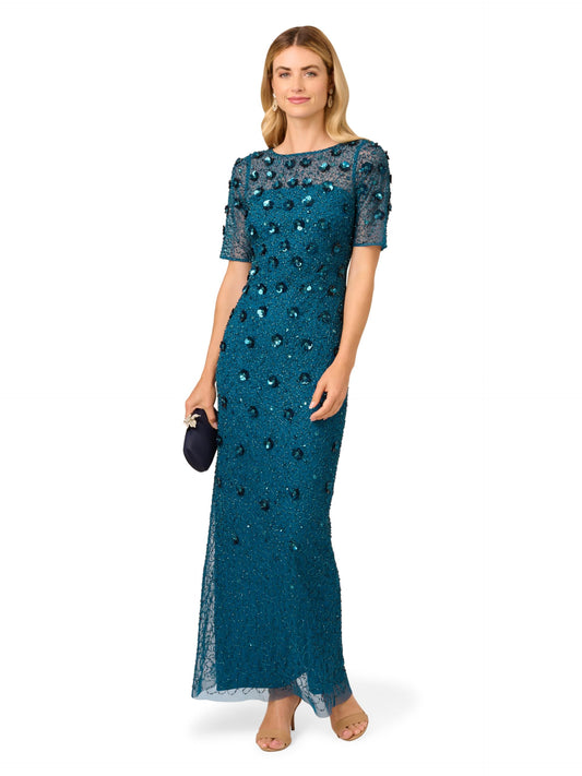 Adrianna Papell Women's Beaded Long 3D Floral Dress, Teal Sapphire, 22