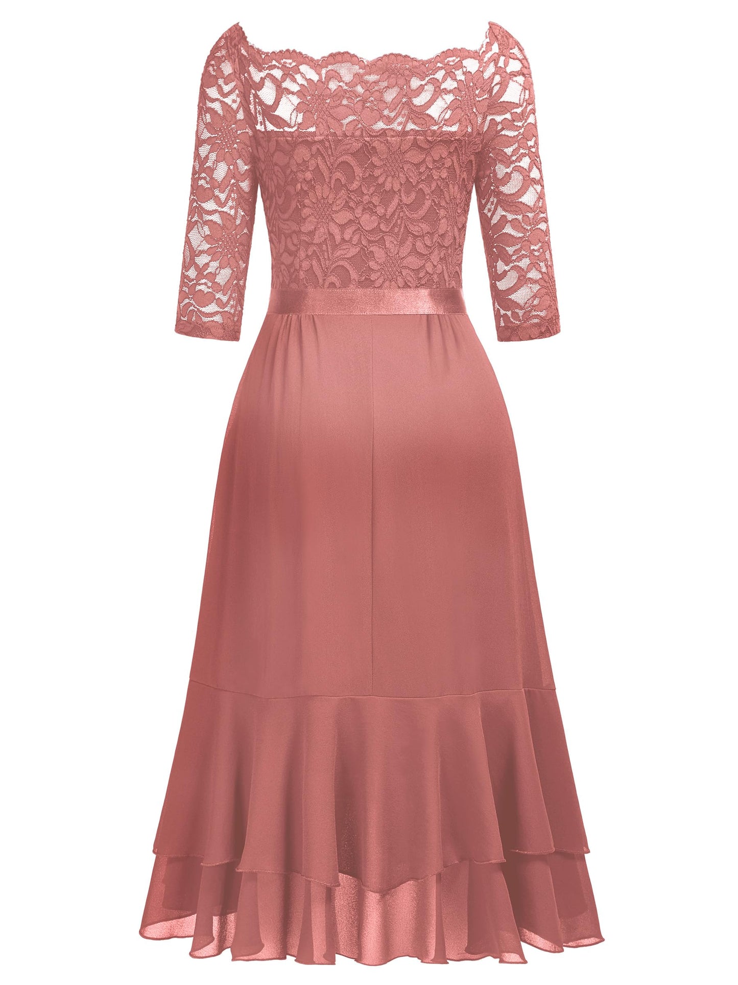 MIUSOL Women's Elegant Lace Chiffon 2/3 Sleeve Off-Shoulder Cocktail Ball Bridesmaid Patry Swing Midi Dress (X-Large, Double Hem-Dusty Pink)