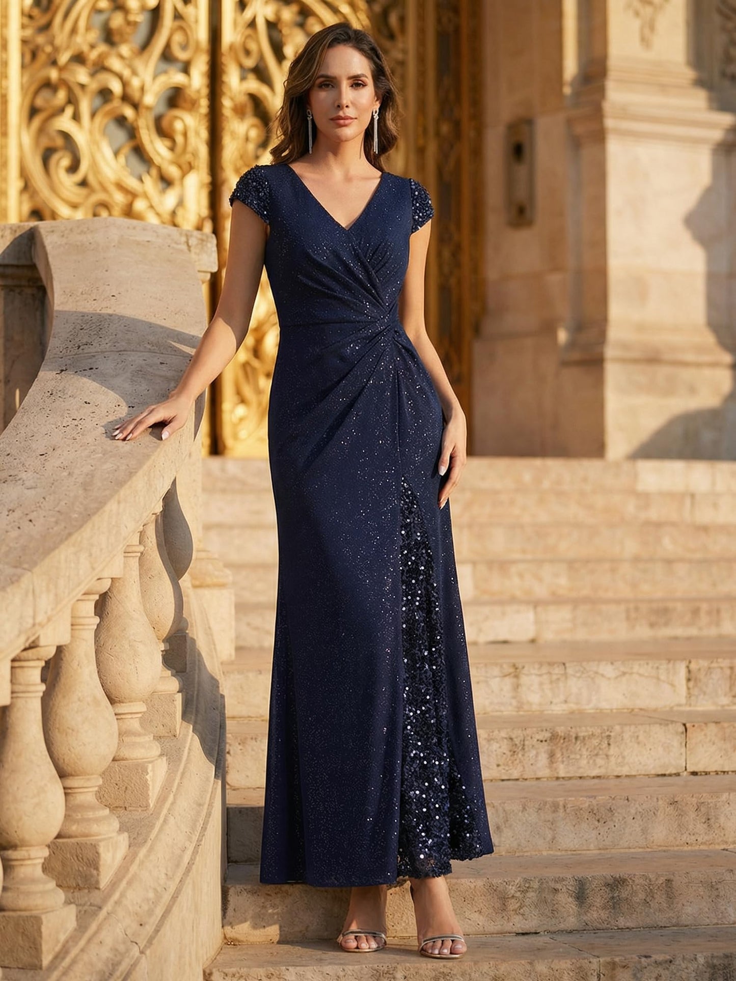 Ever-Pretty Women's Sparkly Sequin Evening Gown Short Sleeve Ruched Formal Evening Party Dress for Wedding Guest Navy Blue 16