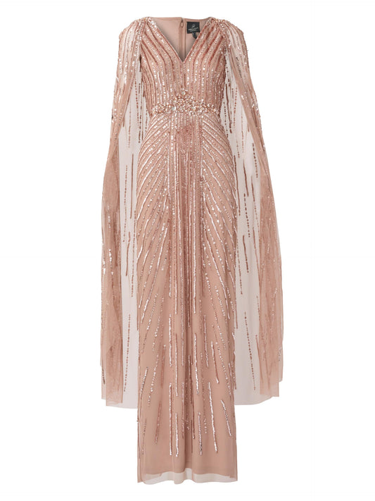 Adrianna Papell Women's Beaded Cape Long Special Occasion Dress, Rose Gold, 20